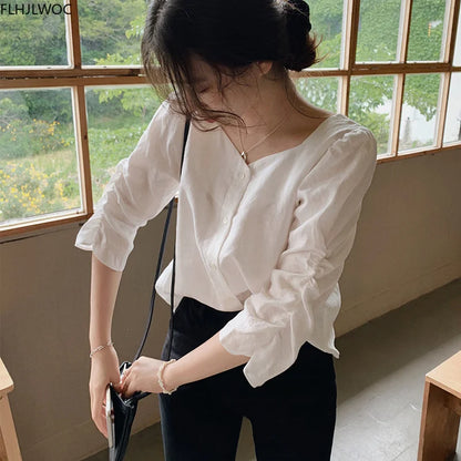 Cralom White Autumn Basic Shirt Single Breasted Women's Blouse