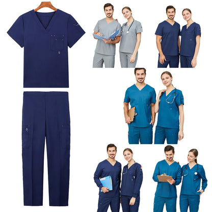 Cralom V-Neck Nurse Scrubs Set Solid Color Workwear Uniform