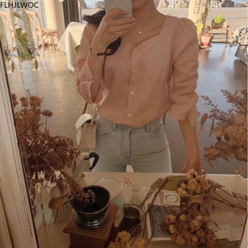 Cralom White Autumn Basic Shirt Single Breasted Women's Blouse