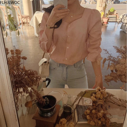 Cralom White Autumn Basic Shirt Single Breasted Women's Blouse