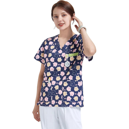 Cralom Pig Print V-Neck Top & White Pants Set for Women
