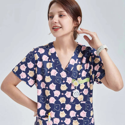 Cralom Pig Print V-Neck Top & White Pants Set for Women