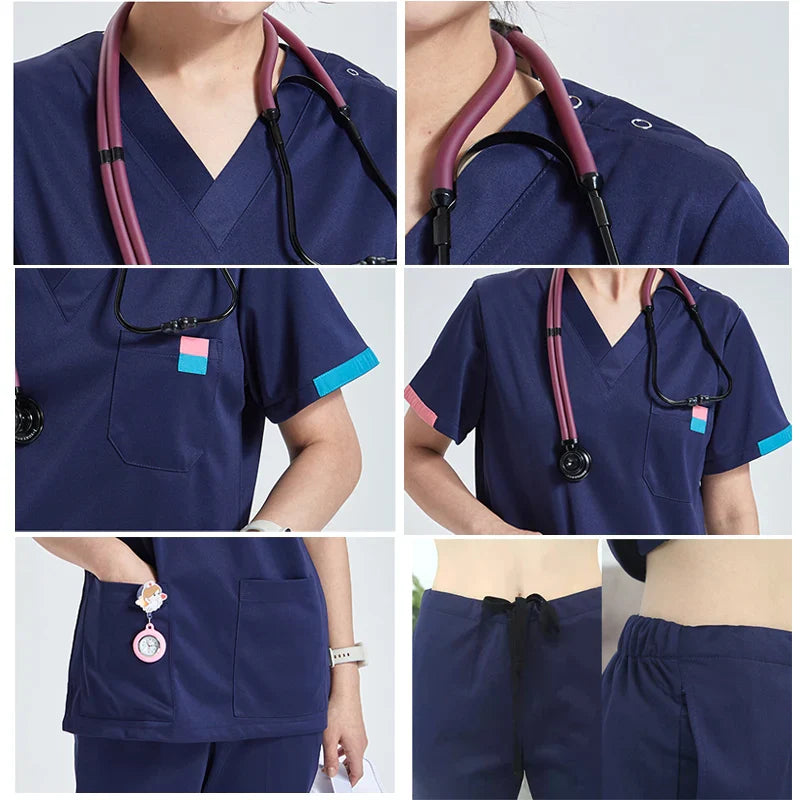 Cralom Silky Nurse & Beauty Care Scrub Set with Multi-Pocket V-Neck Tunic