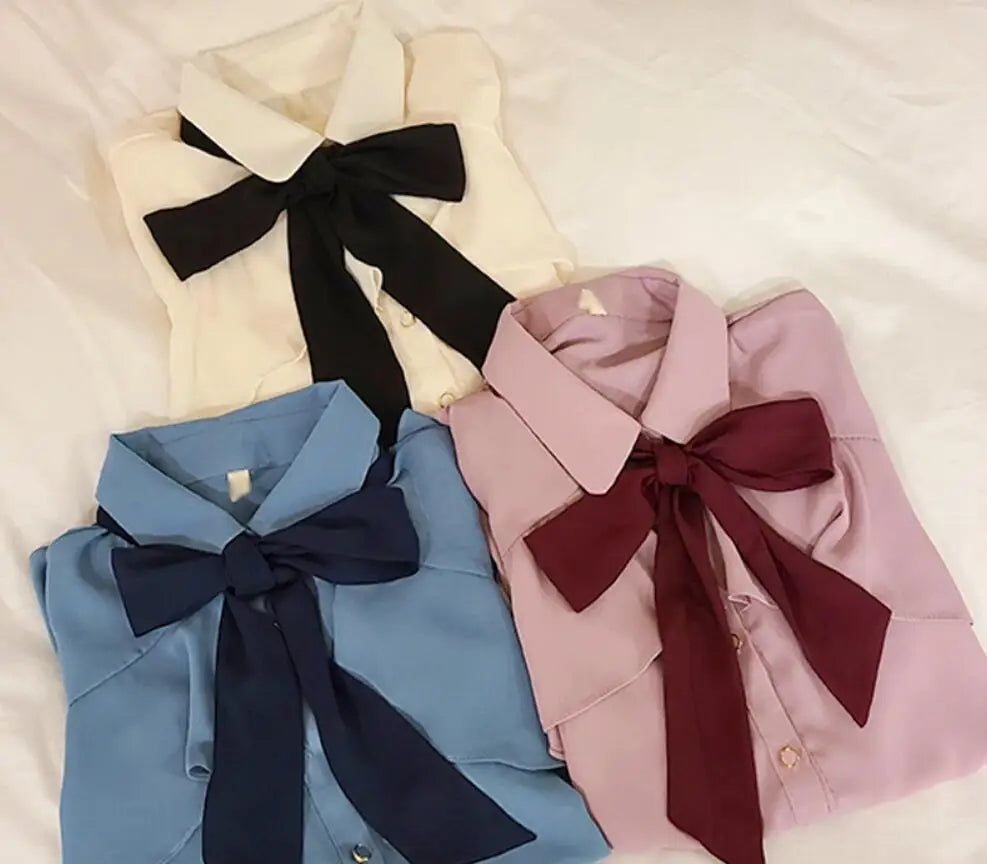 Cralom Ruffled Bow Tie Top Flare Sleeve Office Blouse White Shirt