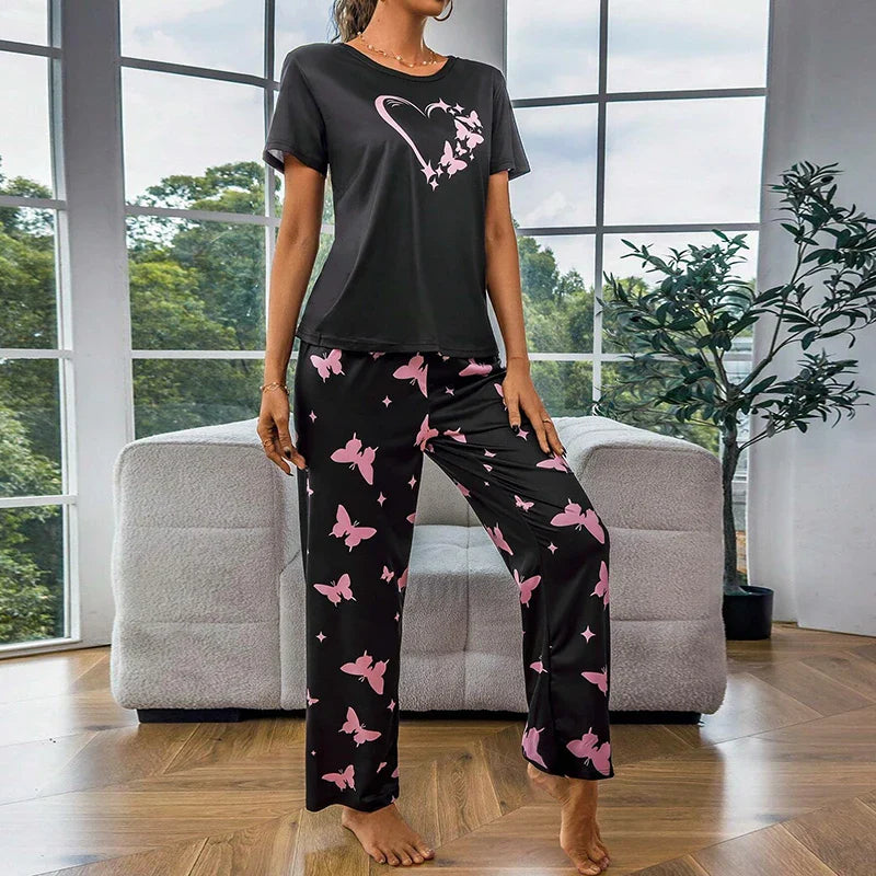 Cralom Women's Butterfly & Heart Printed Pajama Set - Soft Short Sleeve Crew Neck Tops & Elastic Waist Pants