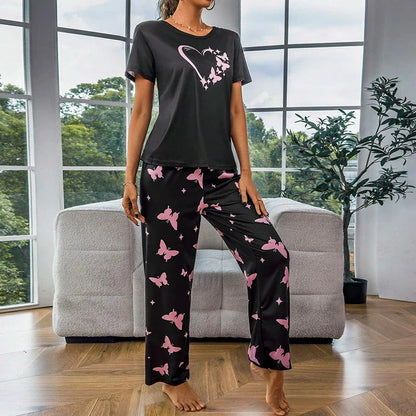 Cralom Women's Butterfly & Heart Printed Pajama Set - Soft Short Sleeve Crew Neck Tops & Elastic Waist Pants