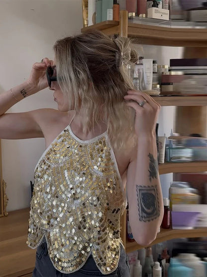 Cralom Glitter Sequin Halter Crop Top - Sexy Backless Tie-Up Tank