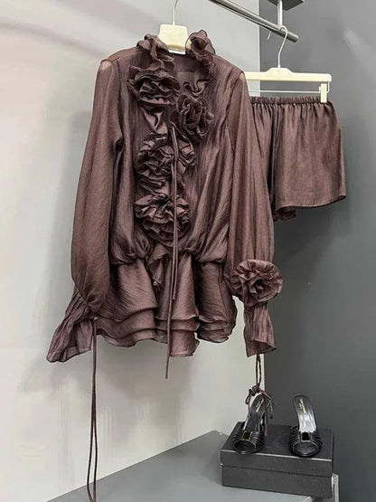 Cralom Summer Lady Suit: 3D Flower Cascading Ruffle V-Neck Shirt with Elastic Waist Shorts