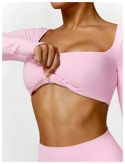 Cralom Square Neck Gym Top: Quick Dry Long Sleeve Crop Top for Women