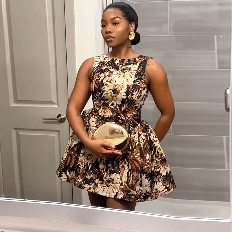 Cralom 2025 Summer Print A-line Sleeveless Short Dress