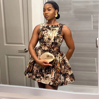 Cralom 2025 Summer Print A-line Sleeveless Short Dress