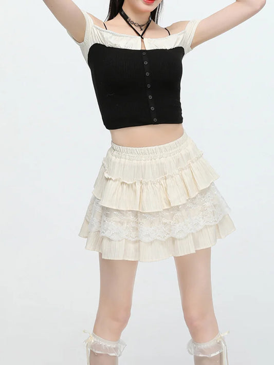 Cralom Sweet Ruffles A Line Mini Skirt - High Waist Lace Spliced Slim Solid Style