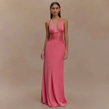 Cralom Deep V-silk Satin Long Dress with Patchwork - Elegant & Sexy