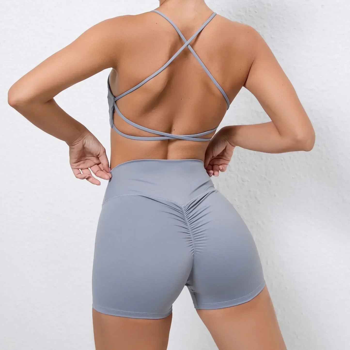 Cralom Yoga Sports Fitness Set: High Waist, Hip-lifting Shorts, Open Back Bra Gym Leggings