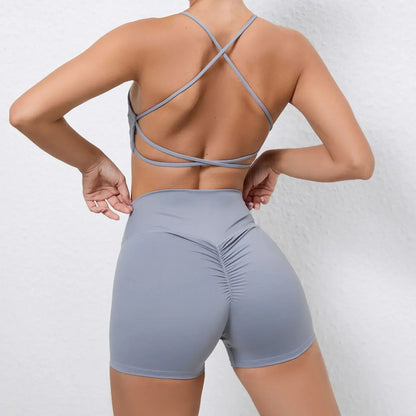 Cralom Yoga Sports Fitness Set: High Waist, Hip-lifting Shorts, Open Back Bra Gym Leggings