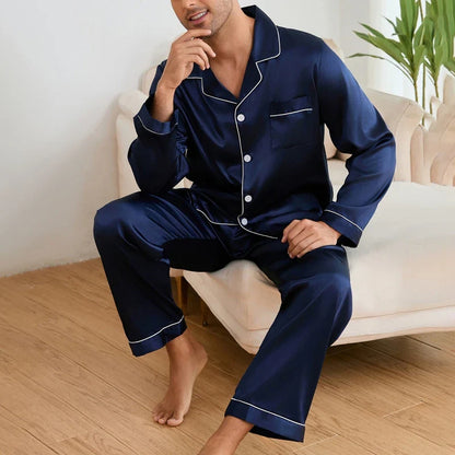 Cralom Men's Satin Pajama Set with Lapel Collar, Long Sleeve Tops & Pants