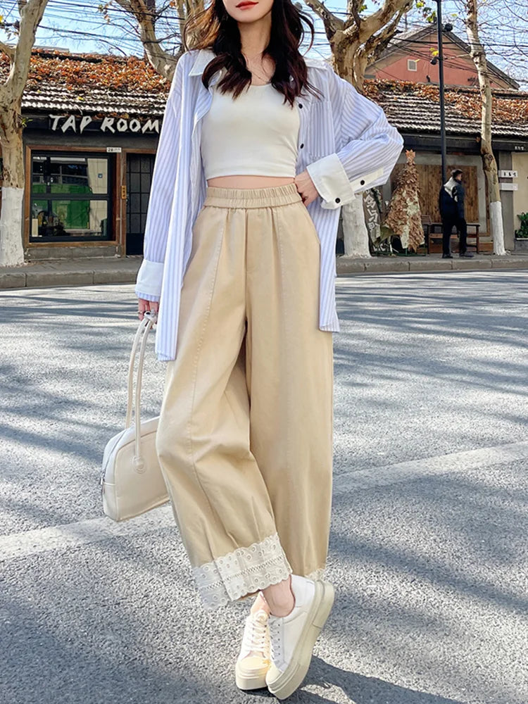 Cralom Lace Pocket High Waist Harem Pants Casual Korean Capris Vintage Style