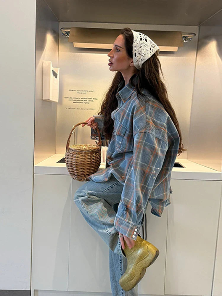 Cralom Vintage Oversized Denim Plaid Shirt with Lapel Pocket