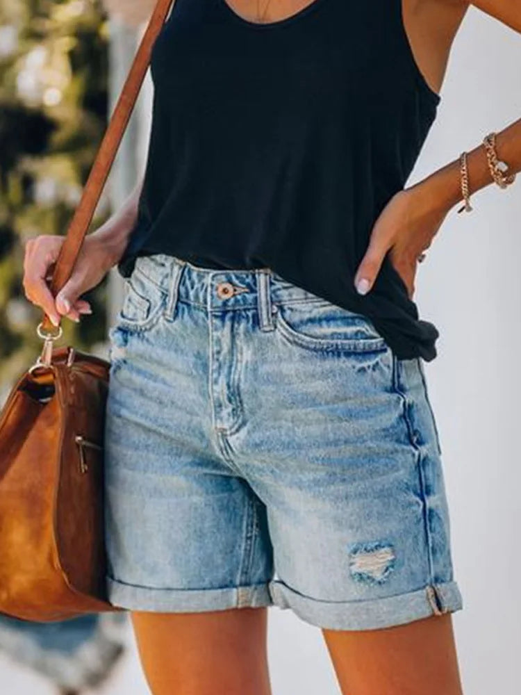 Cralom High Waist Distressed Edge Curl Denim Shorts Women's Y2K Fashion