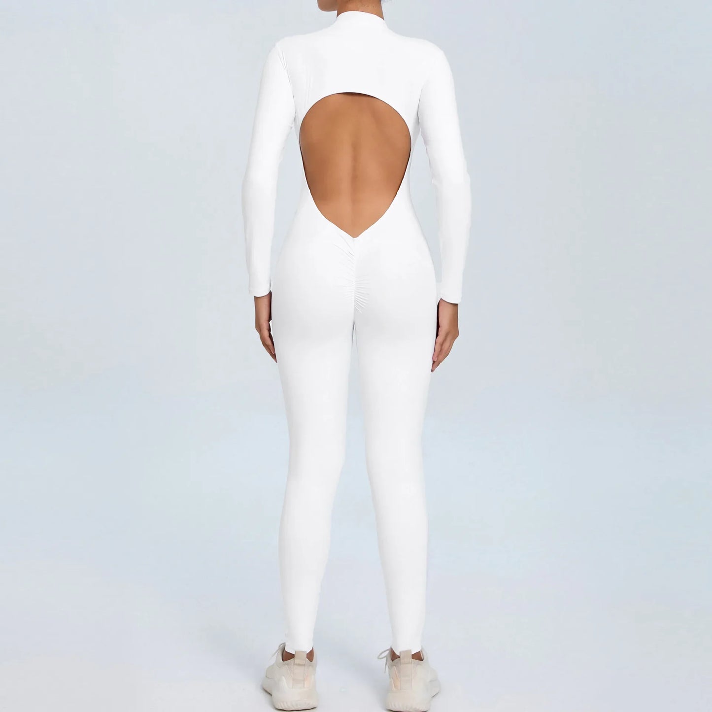 Cralom Seamless Long Sleeve Yoga Bodysuit with Back Cutout & Zipper