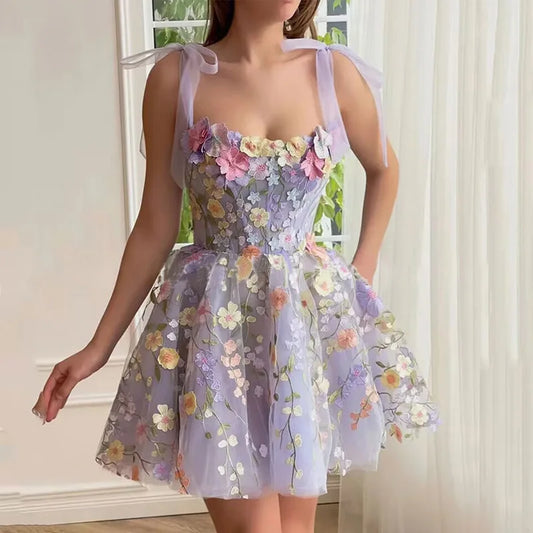 Cralom Embroidered Flower Wrap Sleeveless Sling Dress