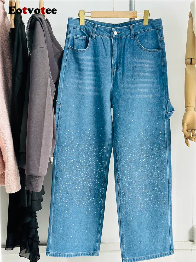 Cralom Rhinestone Wide Leg Vintage Jeans Women Y2K Korean Fashion Straight High Waist