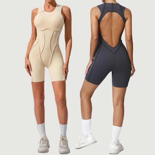 Cralom Color-Block Yoga Jumpsuit: Open Back, Soft Stretch, Gym Running Outfit