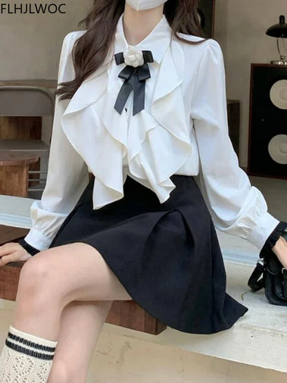 Cralom Spring Office Lady Workwear White Shirt Blouse Bow Tie Ribbon Top