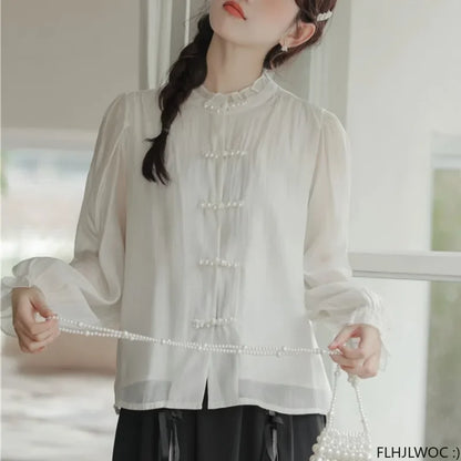 Cralom Chic Cotton Ruffles Beaded Chi-pao Collar Blouse
