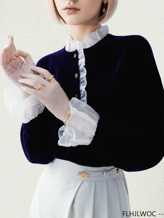 Cralom White Collar Ruffles Long Sleeve Shirt, Autumn Winter Vintage Retro Stand Top