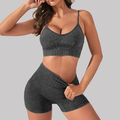 Cralom Sand Washed Seamless Yoga Set: Sports Bra & High Waist Gym Shorts