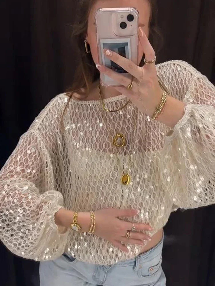 Cralom Sequin Knit Blouse: Women's Long Sleeve Pullover Top, Chic Vacation Style