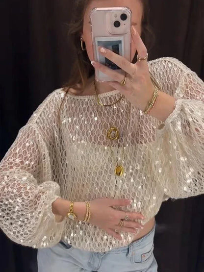 Cralom Sequin Knit Blouse: Women's Long Sleeve Pullover Top, Chic Vacation Style