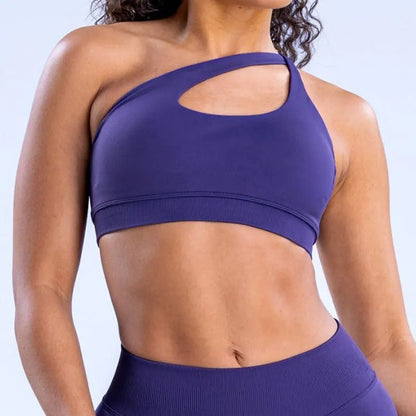 Cralom Asymmetric High Support Halter Sports Bra for Women - Backless Fitness Activewear