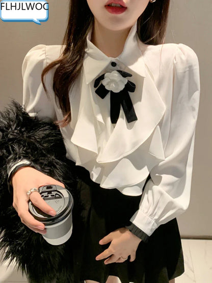 Cralom Spring Office Lady Workwear White Shirt Blouse Bow Tie Ribbon Top