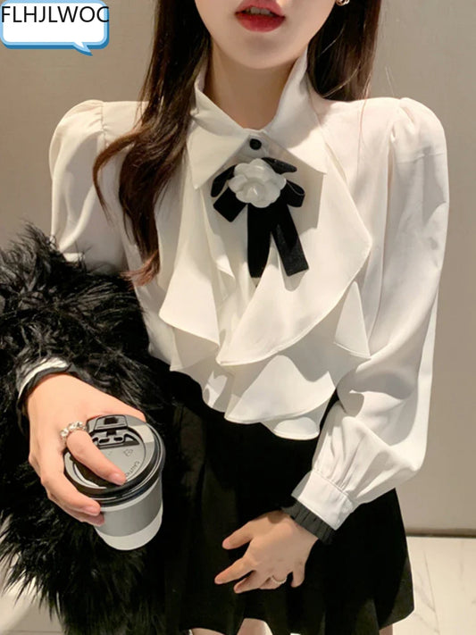 Cralom Spring Office Lady Workwear White Shirt Blouse Bow Tie Ribbon Top
