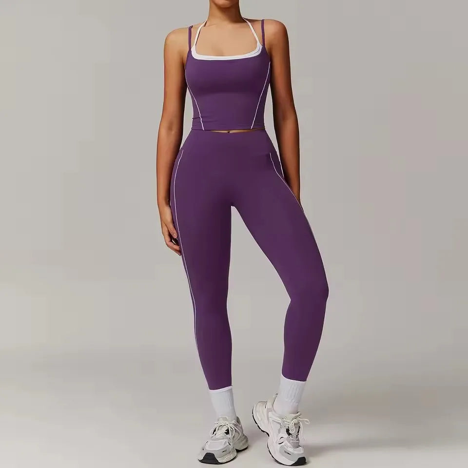 Cralom 2-Piece Gym Leggings Set: Sports Bra & Crop Top Fitness Suit