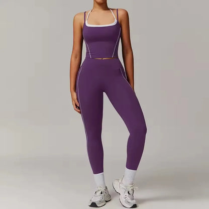 Cralom 2-Piece Gym Leggings Set: Sports Bra & Crop Top Fitness Suit