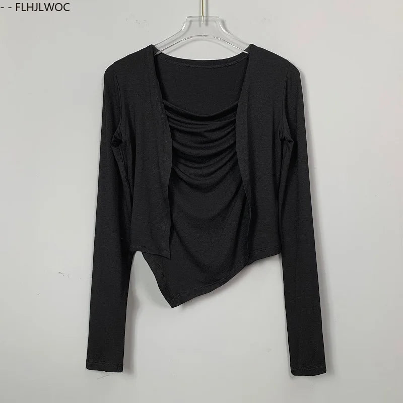Cralom Y2K Bodycon Two-Piece Set Tops, Sexy Slim Fit Blouses, New Style Korean Tees