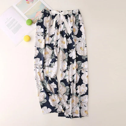 Cralom Floral Cotton Silk Pajama Pants Women's Loose Wide-leg Trousers