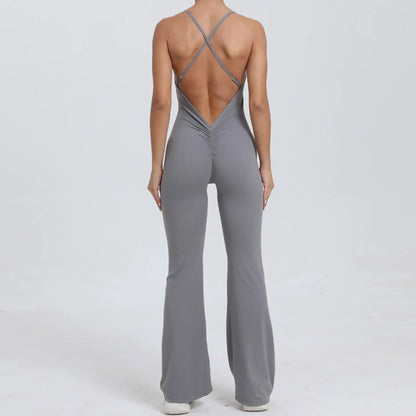 Cralom Cross Strap Yoga Jumpsuit - Flared Leg Fitness Suit