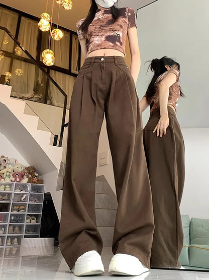 Cralom High Waist Wide Leg Pants: Korean Style Straight Baggy Trousers