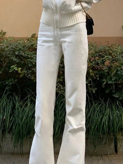 Cralom Vintage Washed Flare Jeans Women Y2K High Waist Streetwear Straight Pant