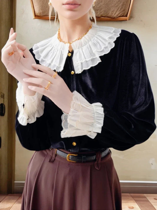 Cralom White Ruffles Peter Pan Collar Top vintage style Women's Long Sleeve Shirt.