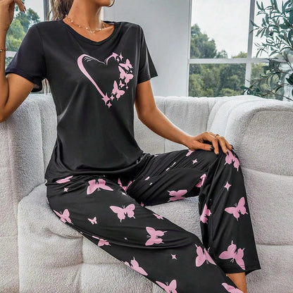 Cralom Women's Butterfly & Heart Printed Pajama Set - Soft Short Sleeve Crew Neck Tops & Elastic Waist Pants
