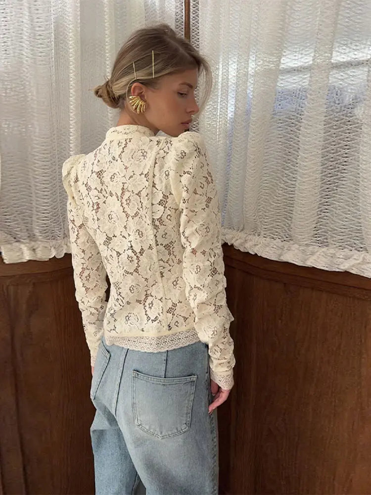 Cralom Lace Embroidery Blouse | See-Through Slim Fit Shirt | Vintage Y2K Top