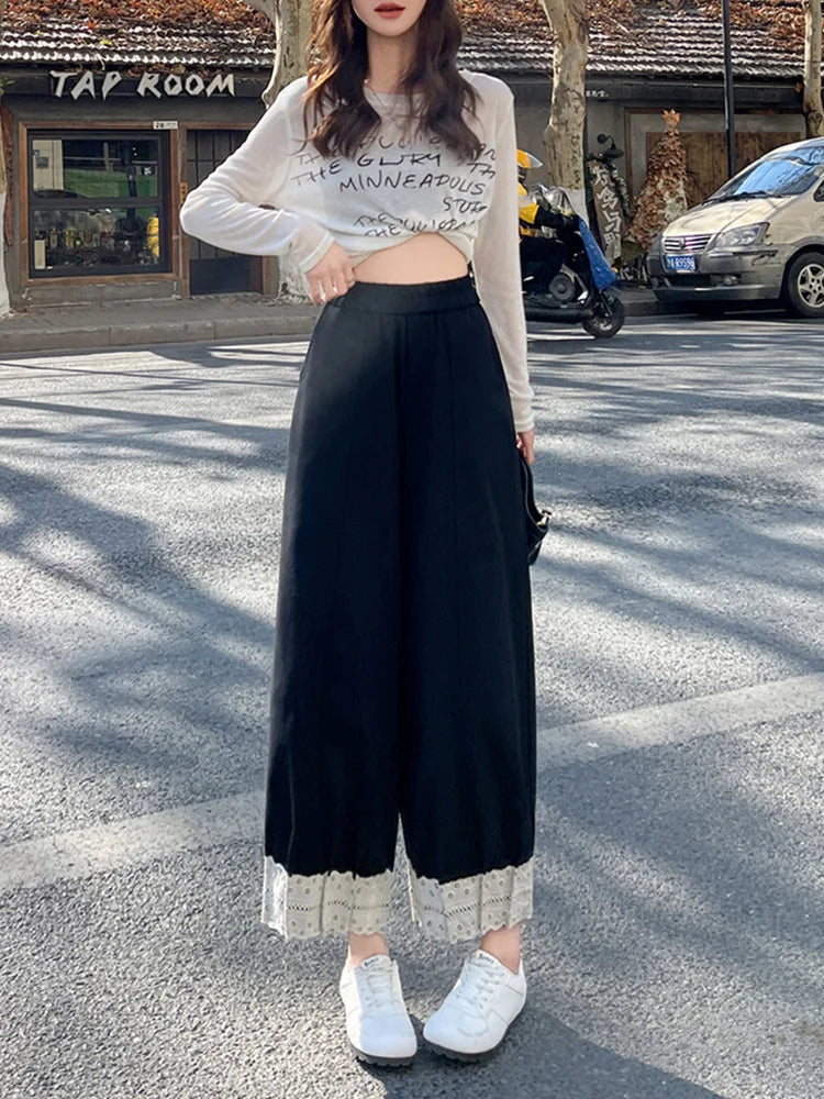 Cralom Lace Pocket High Waist Harem Pants Casual Korean Capris Vintage Style