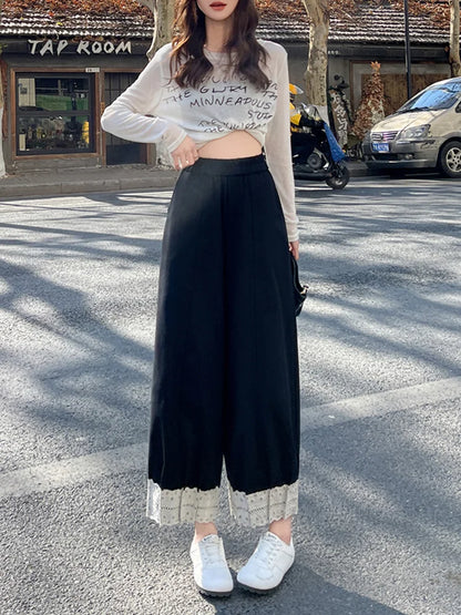 Cralom Lace Pocket High Waist Harem Pants Casual Korean Capris Vintage Style
