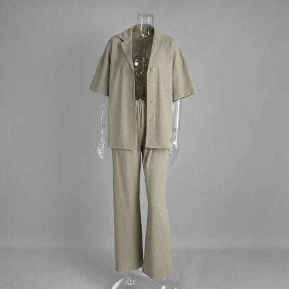 Cralom 2025 Summer Casual Cotton 2-Piece Set: Short-Sleeved Shirt & Loose Pants