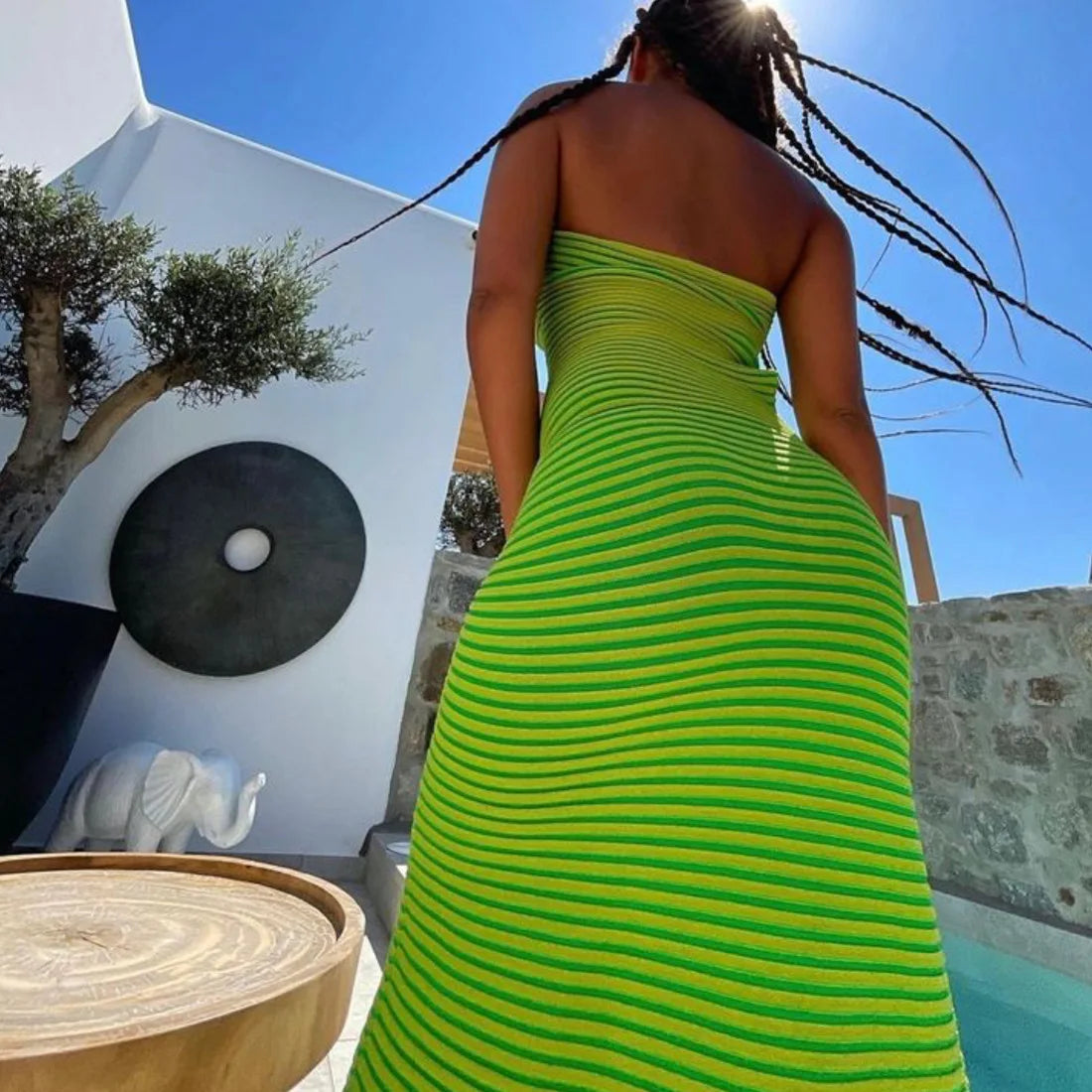 Cralom Knitted Striped Strapless Long Dress - Slim Fit, Hip Hugging Cotton Wool Woven